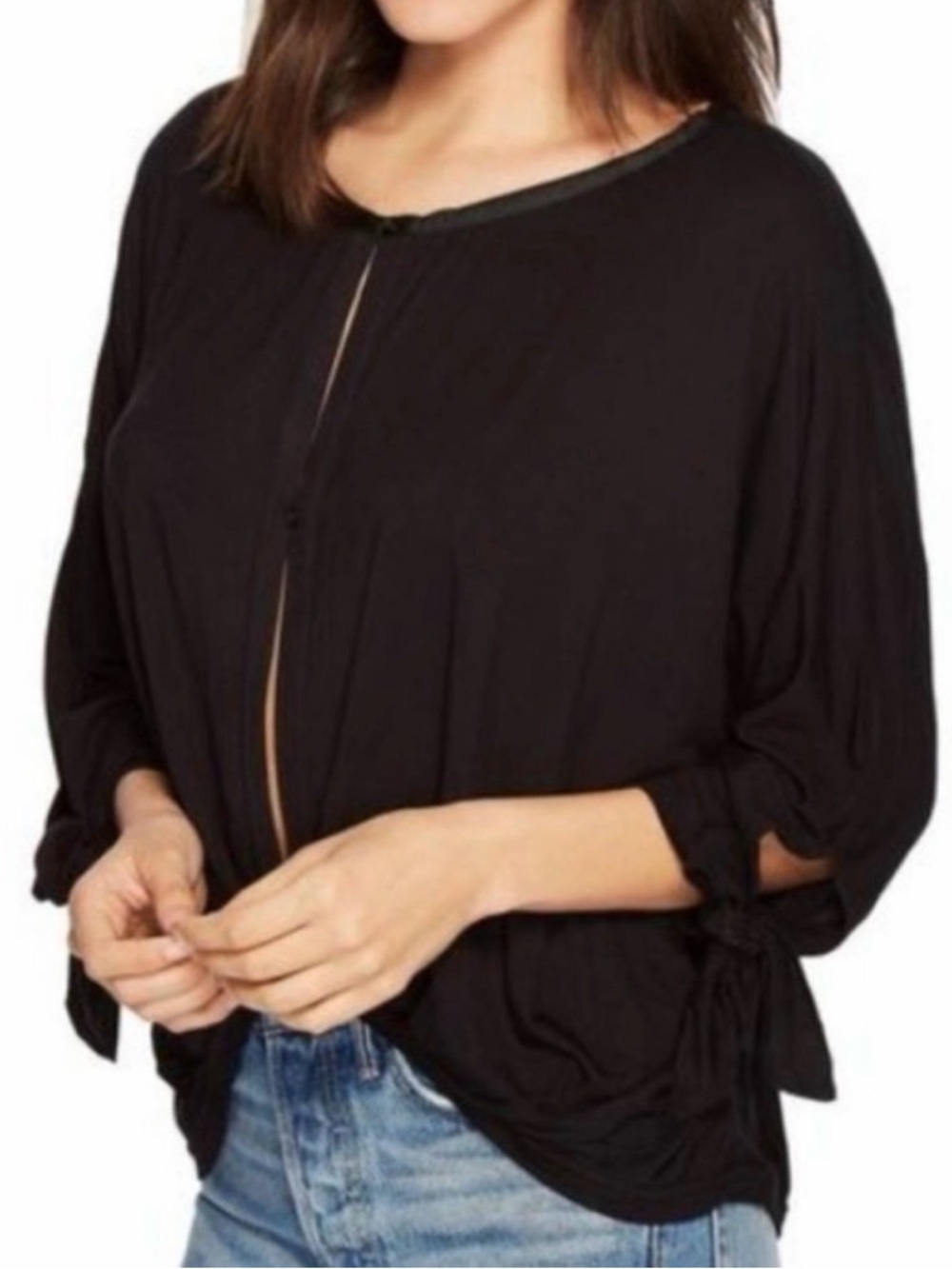 Free People Black Keepin' On Long Sleeve Button Front Tie-Sleeve Top Size M